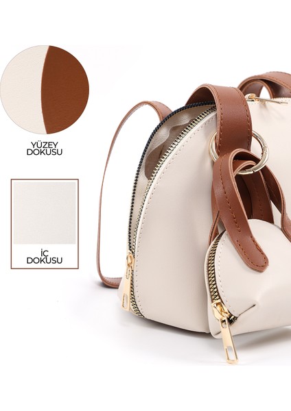Krem - Taba SHK232 Suni Deri Tek Bölmeli Charm Mini Çanta Aksesuarlı El, Kol ve Omuz Çantası indirimleri
