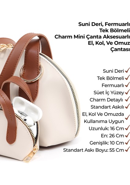 Krem - Taba SHK232 Suni Deri Tek Bölmeli Charm Mini Çanta Aksesuarlı El, Kol ve Omuz Çantası