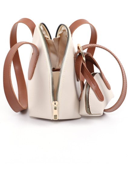 Krem - Taba SHK232 Suni Deri Tek Bölmeli Charm Mini Çanta Aksesuarlı El, Kol ve Omuz Çantası