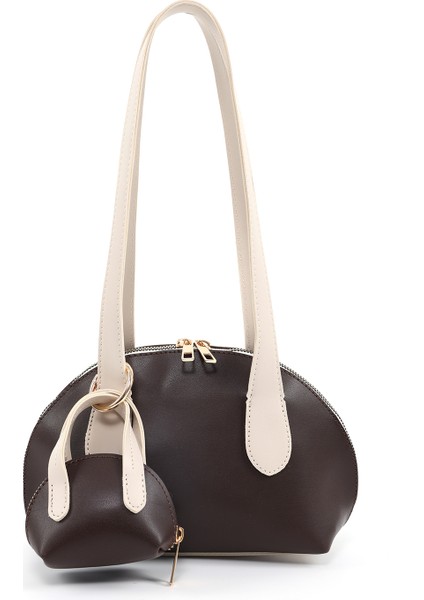 Kahverengi/krem SHK232 Suni Deri Tek Bölmeli Charm Mini Çanta Aksesuarlı El, Kol ve Omuz Çantası