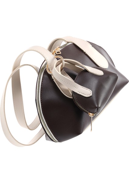 Kahverengi/krem SHK232 Suni Deri Tek Bölmeli Charm Mini Çanta Aksesuarlı El, Kol ve Omuz Çantası