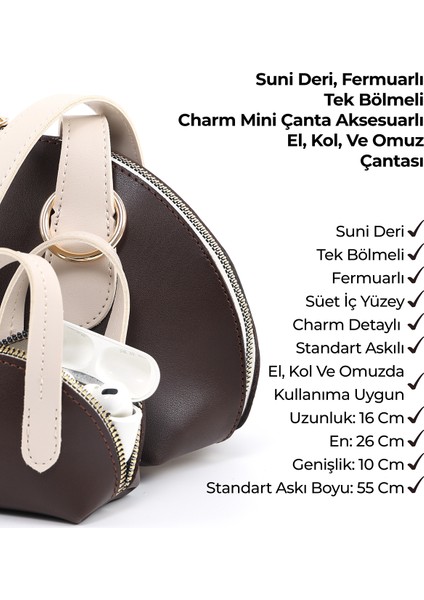 Kahverengi/krem SHK232 Suni Deri Tek Bölmeli Charm Mini Çanta Aksesuarlı El, Kol ve Omuz Çantası