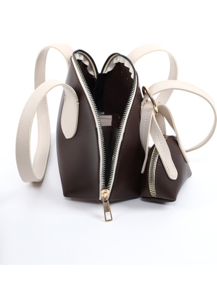 Kahverengi/krem SHK232 Suni Deri Tek Bölmeli Charm Mini Çanta Aksesuarlı El, Kol ve Omuz Çantası