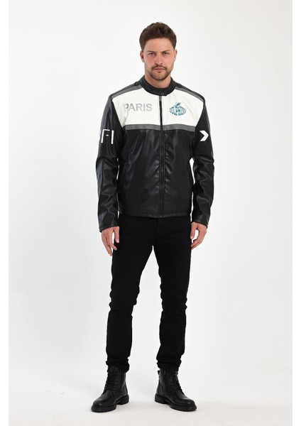 Erkek Oversize Transfer Baskılı Motorcu Biker Ceket Yarışçı Kolej Mont Şeritli Fermuarlı Mont