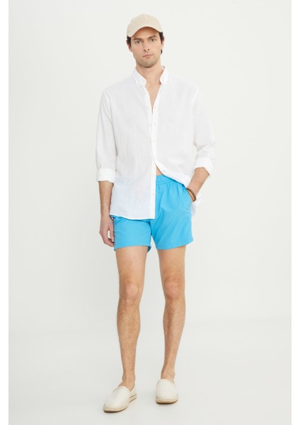 Erkek Mavi Standart Fit Normal Kesim Hızlı Kuruyan Yan Cepli Desenli Mayo