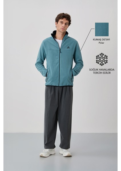 Mint Yeşili Yazı Nakışlı Dik Yaka Fermuarlı Standart Kalıp Erkek Sweatshirt Polar - 87992