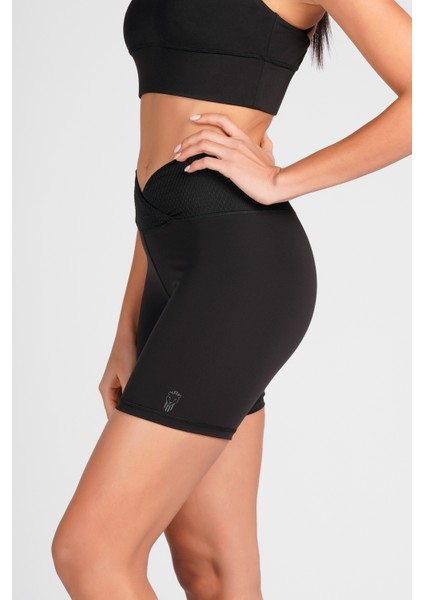Siyah Toparlayıcı Kruvaze Bel Detaylı Bisikletçi Şortu Kısa Tayt Vela