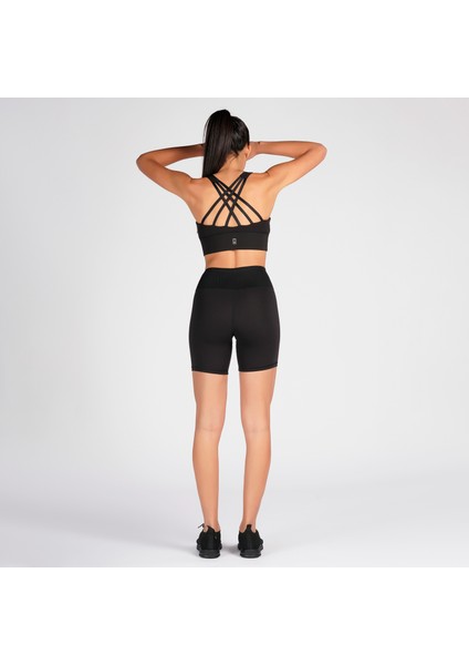 Siyah Toparlayıcı Kruvaze Bel Detaylı Bisikletçi Şortu Kısa Tayt Vela