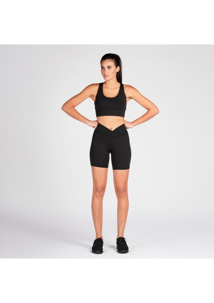 Siyah Toparlayıcı Kruvaze Bel Detaylı Bisikletçi Şortu Kısa Tayt Vela