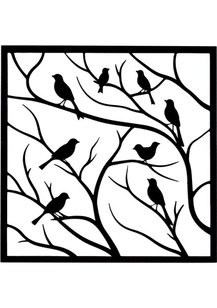 Dekoratif Kuşlar ve Ağaç Dalı Ahşap Tablo Siyah Modern Duvar Dekoru