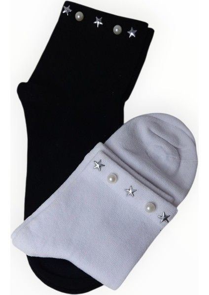 2 Çift Kadın Incili Soket Çorap Siyah - Beyaz