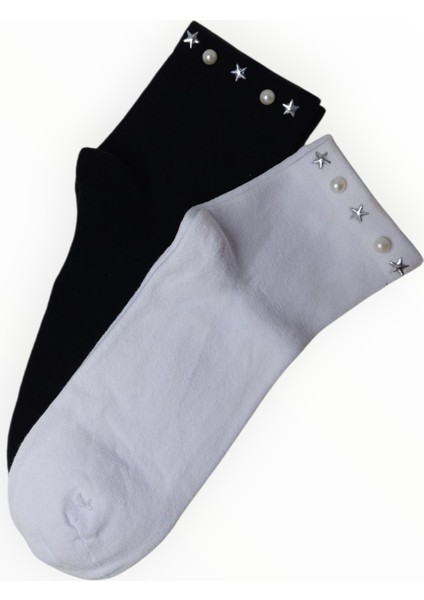 2 Çift Kadın Incili Soket Çorap Siyah - Beyaz fiyatları