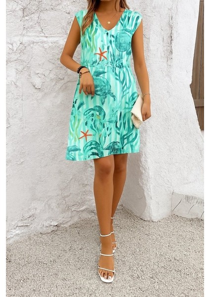 Kadın Askılı Yuvarlak Yaka Kaplumbağa Desenli Süprem Elbise