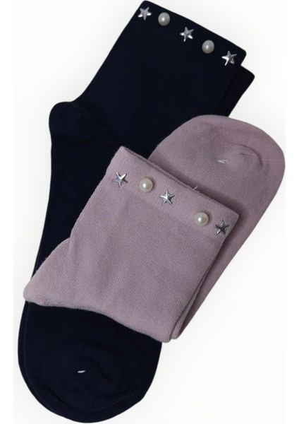 2 Çift Kadın Incili Soket Çorap Lacivert-Pudra