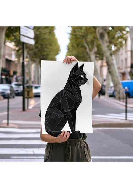 Çerçevesiz Poster, Dijital Baskı Geometrik Desen Siyah Kedi Poster, Modern, Soyut, Minimalist Poster, Kedi Poster