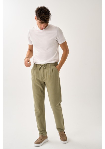 Pileli Bağcıklı Casual Keten Pantolon