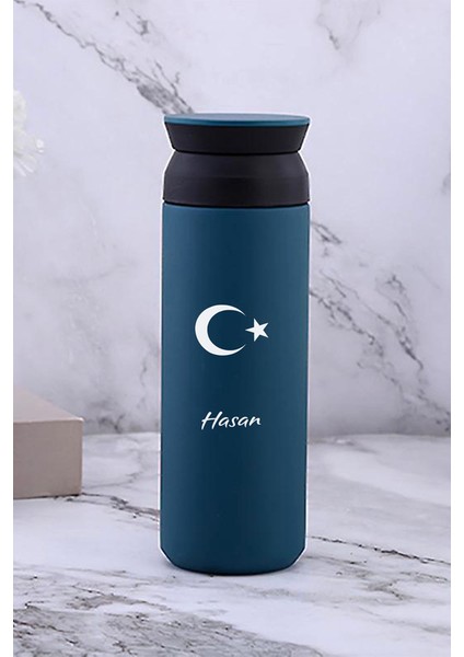 Kişiye Özel 500 ml Paslanmaz Çelik Ay Yıldız Baskılı Termos 8 Saat Isı Koruma Kahve ve Çay Termosu