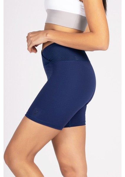 Lacivert Toparlayıcı Kruvaze Bel Detaylı Bisikletçi Şortu Kısa Tayt Vela
