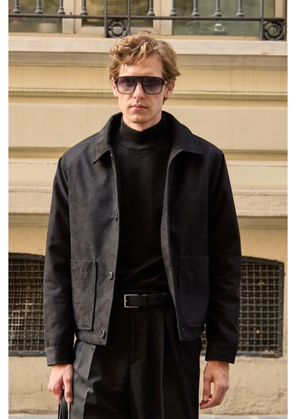 Erkek Süet Kapitoneli Mont Ceket Siyah