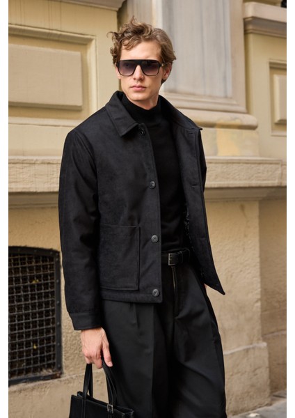 Erkek Süet Kapitoneli Mont Ceket Siyah modelleri