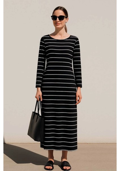 Siyah Çizgili Kaşkorse Uzun Elbise