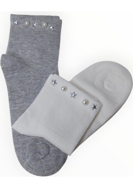 2 Çift Kadın Incili Soket Çorap Gri-Krem