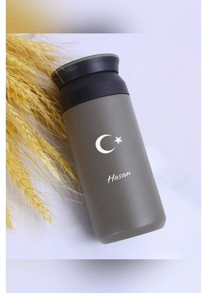 Kişiye Özel 500 ml Paslanmaz Çelik Ay Yıldız Baskılı Termos 8 Saat Isı Koruma Kahve ve Çay Termosu