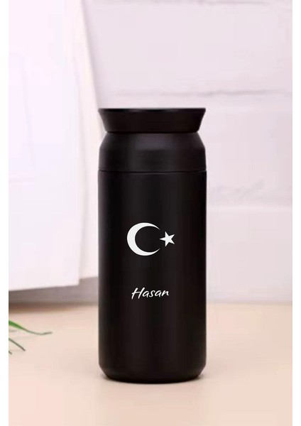 Kişiye Özel 500 ml Paslanmaz Çelik Ay Yıldız Baskılı Termos 8 Saat Isı Koruma Kahve ve Çay Termosu