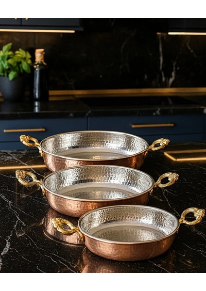 3' Lü Bakır Sahan Seti - 14 Cm-16 Cm-18 cm - Bakır Sahan Seti