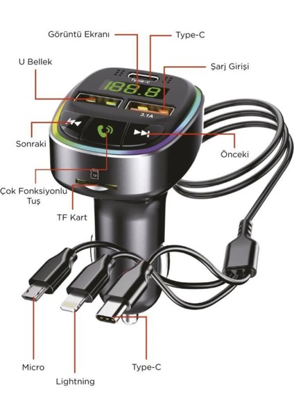 Siyah Fm Transmitter Araç Şarj Cihazı (18W Hızlı Şarj - Usb/type-C/tf Kart Destekli) fiyatları