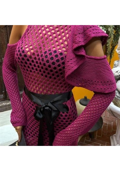 Saten Kuşaklı Ajurlu Triko Elbise 2847 modelleri