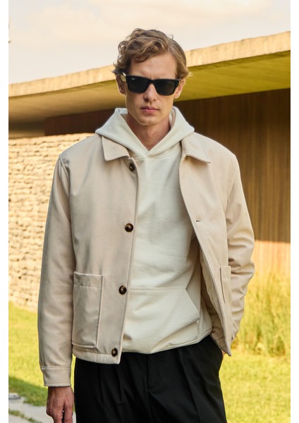 Erkek Süet Kapitoneli Mont Ceket Taş