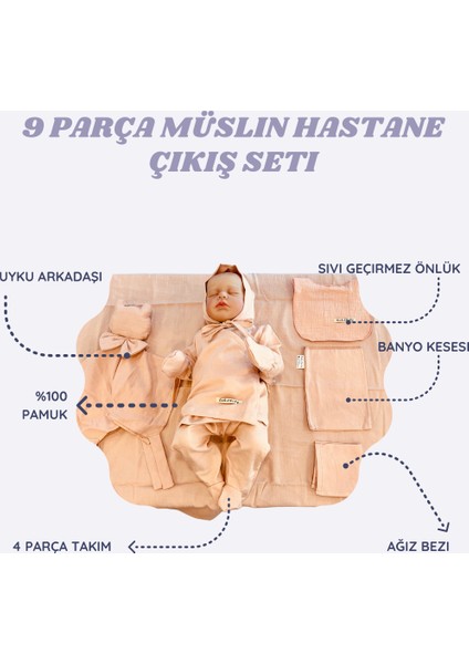 Çift Kat Müslin Hastane Çıkış Seti 9 Parça