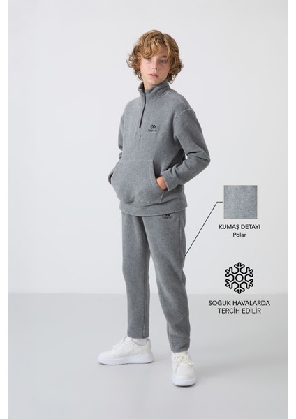 Gri Melanj Kalın Yumuşak Dokulu Standart Fit Nakışlı Polar Erkek Çocuk Eşofman Takım - 11218
