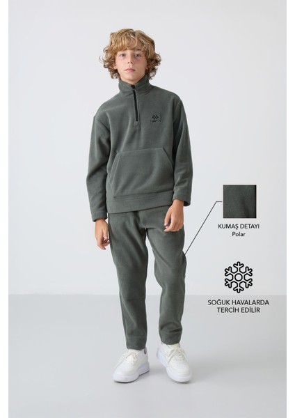 Lacivert Kalın Yumuşak Dokulu Standart Fit Nakışlı Polar Erkek Çocuk eşofman Takım - 11218