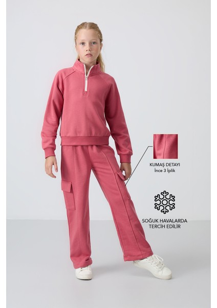 Yaban Gülü Pamuklu İçi Tüylü Yumuşak Dokulu Standart Fit Nakışlı Kız Çocuk Eşofman Takım - 75159
