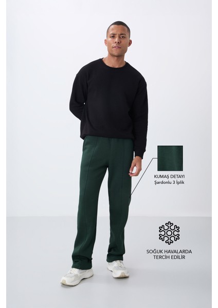 Çam Yeşil Pamuklu Kalın Içi Tüylü Yumuşak Dokulu Oversize Nakışlı Erkek Eşofman Altı -82146