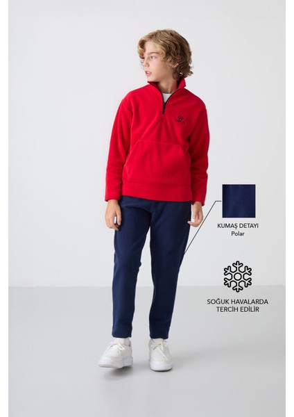 Lacivert Kalın Yumuşak Dokulu Standart Fit Nakışlı Polar Erkek Çocuk eşofman Takım - 11218