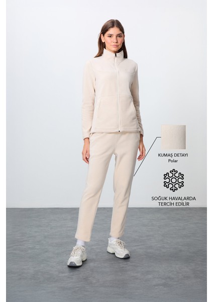 Bej Kalın Yumuşak Dokulu Dik Yaka Oversize Nakışlı Polar Kadın Eşofman Takım -95339