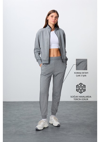 Gri Melanj Kompakt Pamuklu Kalın Pürüzsüz Dokulu Dik Yaka Oversize Fit Kadın Eşofman Takım - 95340