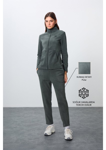 Haki Kalın Yumuşak Dokulu Dik Yaka Oversize Nakışlı Polar Kadın Eşofman Takım -95339