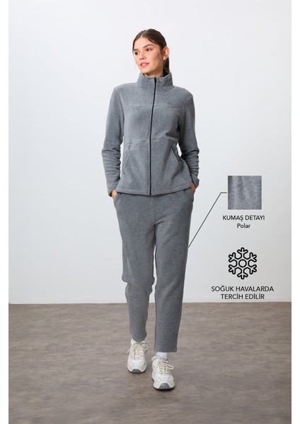 Gri Melanj Kalın Yumuşak Dokulu Dik Yaka Oversize Nakışlı Polar Kadın Eşofman Takım -95339