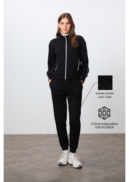 Siyah Kompakt Pamuklu Kalın Pürüzsüz Dokulu Dik Yaka Oversize Fit Kadın Eşofman Takım - 95340