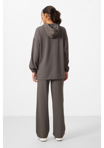 Koyu Gri Yumuşak Dokulu Kapüşonlu Oversize Kadın Eşofman Tunik Takım - 95348 indirimleri