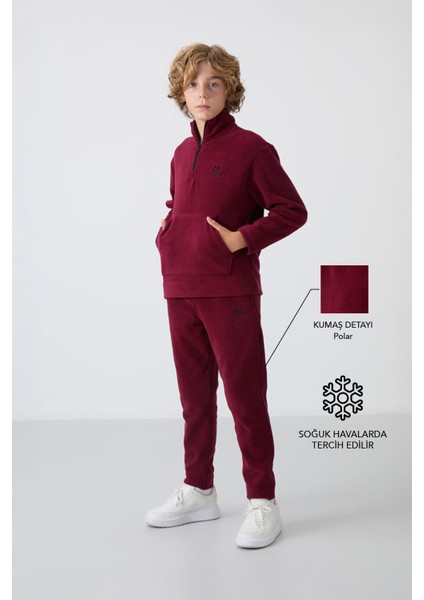 Erguvan Kalın Yumuşak Dokulu Standart Fit Nakışlı Polar Erkek Çocuk Eşofman Takım - 11218