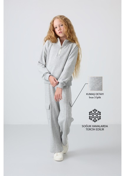 Gri Melanj Pamuklu İçi Tüylü Yumuşak Dokulu Standart Fit Nakışlı Kız Çocuk Eşofman Takım - 75159