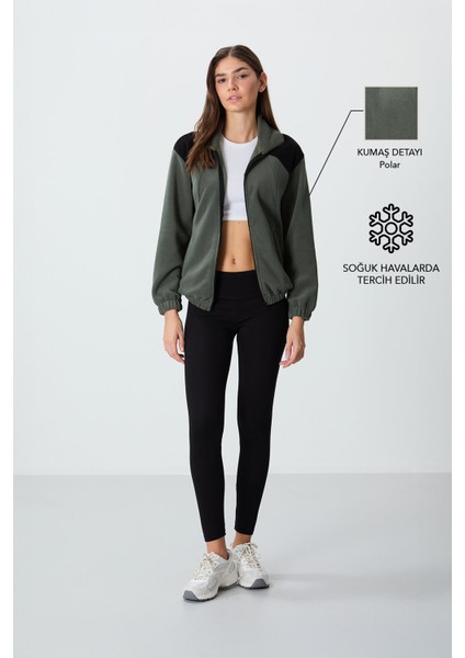 Haki Kalın Yumuşak Dokulu Dik Yaka Oversize Nakışlı Polar Kadın Sweatshirt - 97293