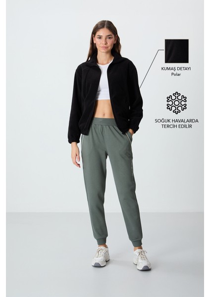 Siyah Kalın Yumuşak Dokulu Dik Yaka Oversize Nakışlı Polar Kadın Sweatshirt - 97293