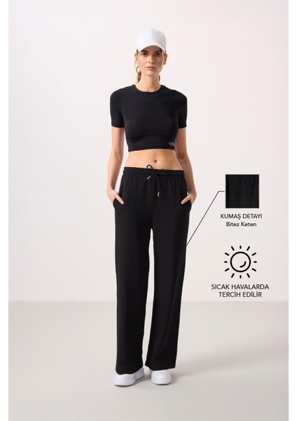 Siyah Keten Geniş Paça Rahat Form Kadın Palazzo Pantolon - 94675