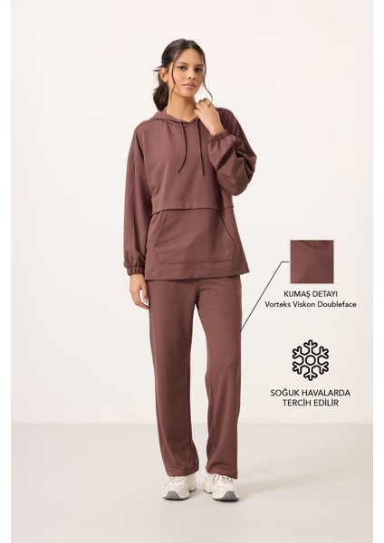 Kahverengi Yumuşak Dokulu Kapüşonlu Oversize Kadın Eşofman Tunik Takım - 95348